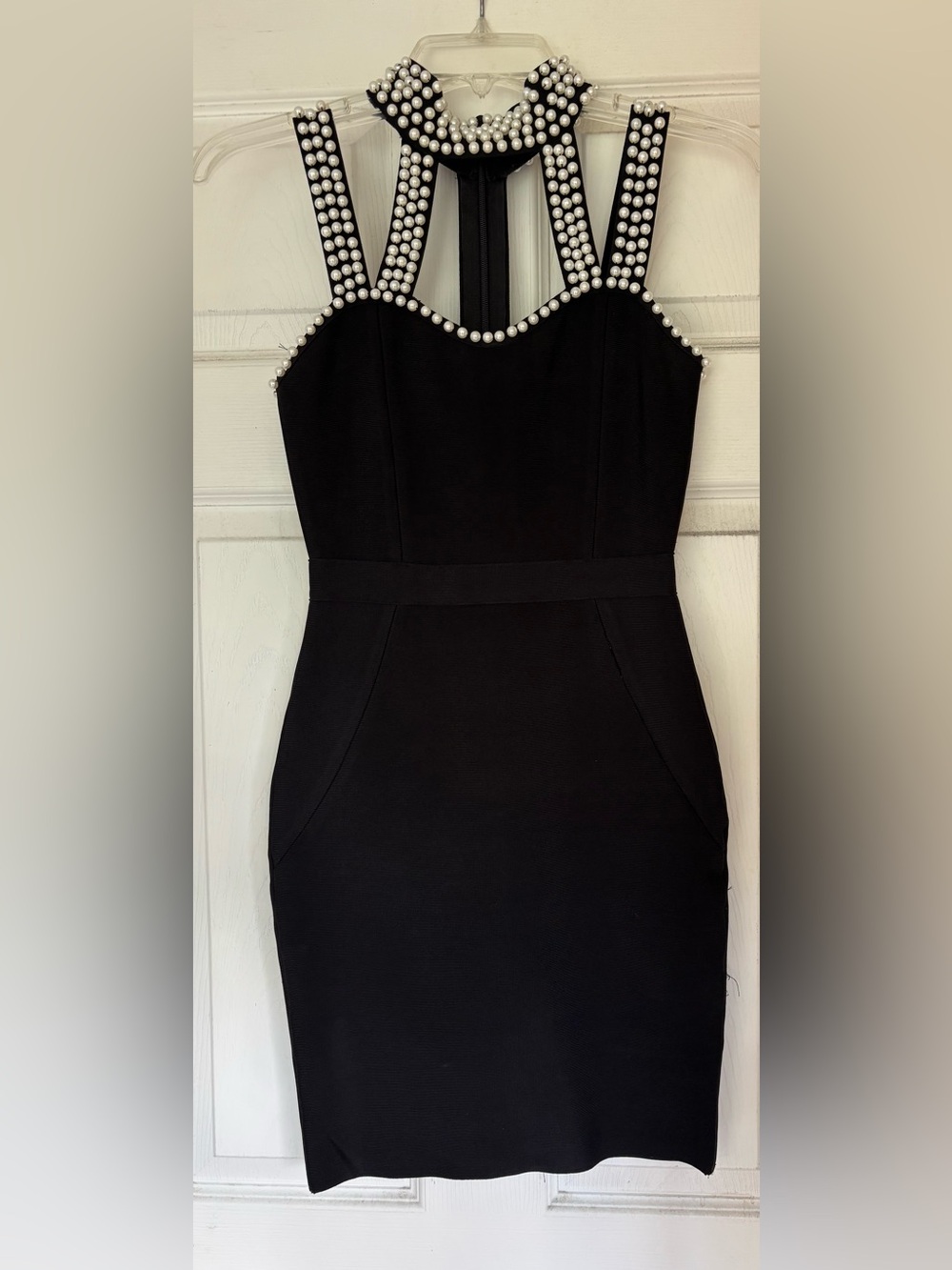 Herve Leger Black Pearl-Trim Bandage Dress